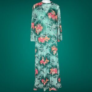 Vintage 60s Green Pink Flower Power Sleeveless Dress W/ Sheer Matching Topper 12